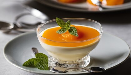 A glass of orange and cream dessert with a leaf on top