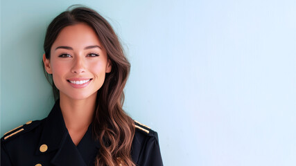Hispanic woman in cruise ship staff uniform isolated on pastel background