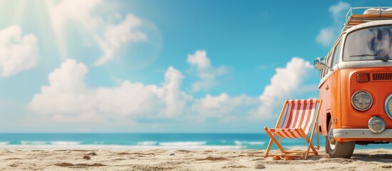 Small hippie minivan on the beach on a sunny summer day with a sunbathing chair. Summer holiday concept at sea or ocean - obrazy, fototapety, plakaty
