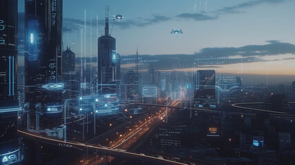 Fototapeta na wymiar A bustling smart city skyline at dusk, with autonomous vehicles, drones delivering goods, and digital screens displaying real-time data.