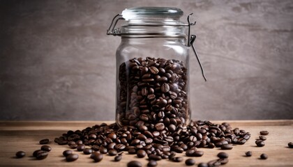 A jar of coffee beans on a wooden table