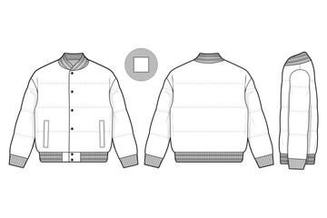 snap button puffer jacket collared flat technical drawing illustration mock-up template for design and tech packs men or unisex fashion CAD streetwear women workwear utility