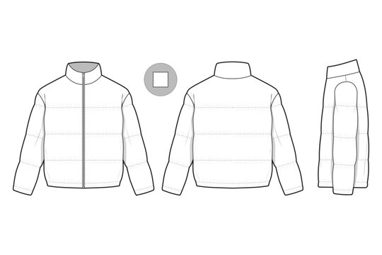 Zip puffer jacket collared flat technical drawing illustration mock-up template for design and tech packs men or unisex fashion CAD streetwear women workwear utility