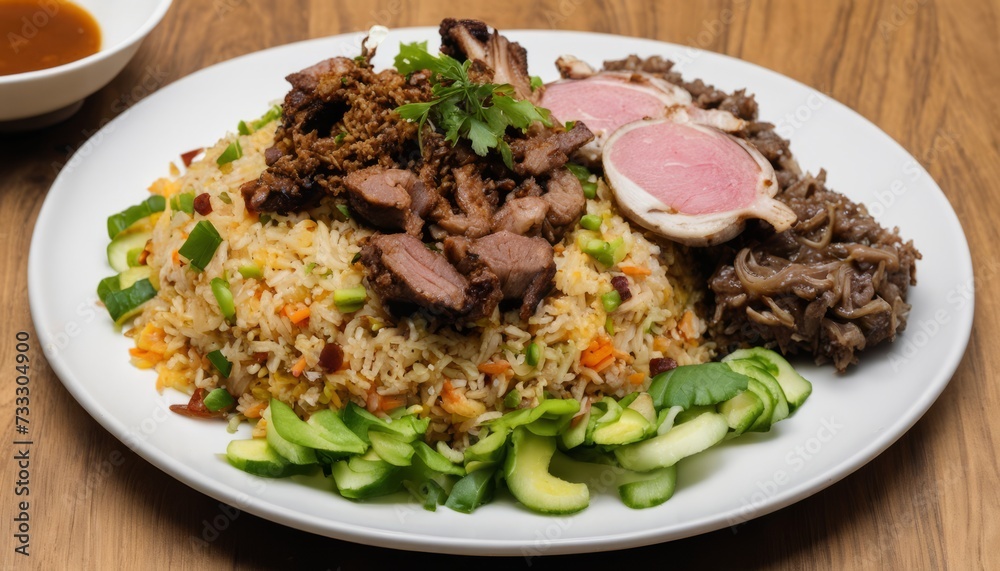 Sticker A plate of food with rice, meat, and vegetables