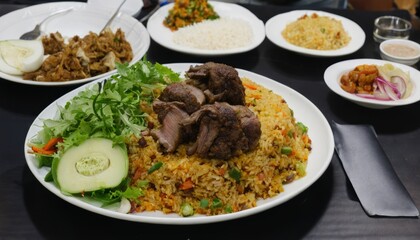 A plate of rice and meat with a salad on the side