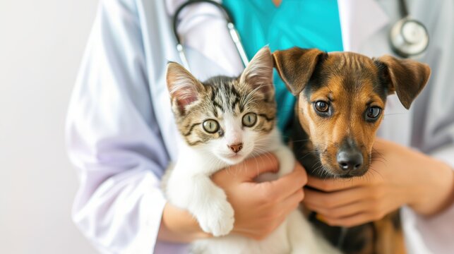 Veterinary concept, Vet examining cat and dog at veterinarian doctor, Animal clinic, Pet check up and vaccination, Health care for cat and dog, generative ai