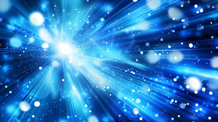Fototapeta na wymiar Blue abstract background with a dynamic network grid and vibrant particles connected by beams of light, representing fast data transmission.