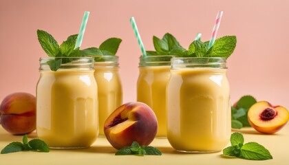 Three jars of peach juice with green straws and mint leaves