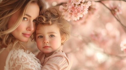 Mother Embracing Her Young Child Among Blossoming Cherry Trees on Mothers Day