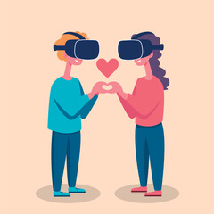 A loving couple wearing VR glasses