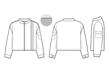 cropped zip racing windbreaker jacket flat technical drawing illustration mock-up template for design and tech packs men or unisex fashion CAD streetwear women workwear utility © Jack