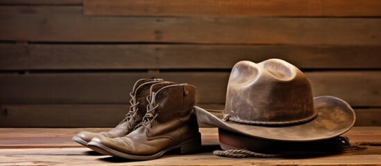 Cowboy hat, boots and lasso on brown wooden background.