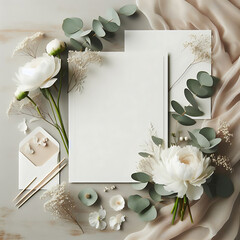 Mockup invitation, blank greeting card and green leaves eucalyptus and white peonies . Flat lay, top view