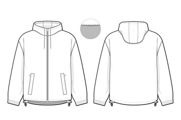 hooded zip windbreaker jacket flat technical drawing illustration mock-up template for design and tech packs men or unisex fashion CAD streetwear women workwear utility