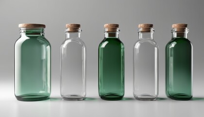 Four glass jars with green liquid in them