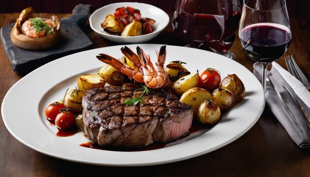 A plate of food with a steak and shrimp