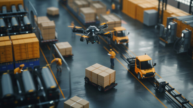 An aerial view of a smart logistics hub bustling with activity, drones delivering packages.