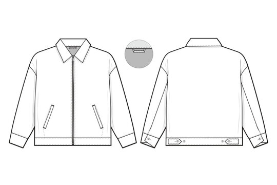 Zip work trucker jacket collared flat technical drawing illustration mock-up template for design and tech packs men or unisex fashion CAD streetwear women workwear utility