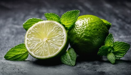 A lime and a lemon are on a table