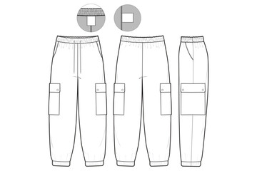 elastic Cargo jogger Pants Flat Technical Drawing Illustration Five Pocket Classic Blank Streetwear Mock-up Template for Design and Tech Packs CAD Outdoor