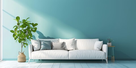 Minimalistic interior with a cozy light white sofa with empty walls on a monochromatic background with copyspace