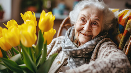 Joyful elderly woman with bouquet of tulips, radiating happiness warmth. Mother's Day, March 8, Senior Citizens' Day