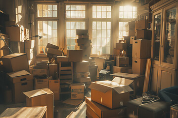 a room in a home filled with cardboard boxes boxes an - obrazy, fototapety, plakaty