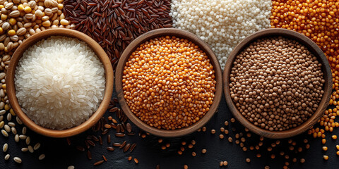 Top view of Cups with variety natural cereal and grain seed on table. peanut, mung, Sorghum, rice, glutinous rice, wheat