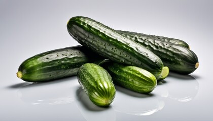A group of green cucumbers on a white background