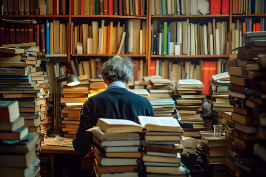 Man in Library Surrounded by Books