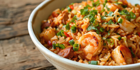 Savory Jambalaya with Shrimp. Close-up of jambalaya, a classic Creole rice dish with shrimp and...