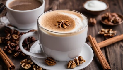 A cup of coffee with whipped cream and a sprinkle of nuts