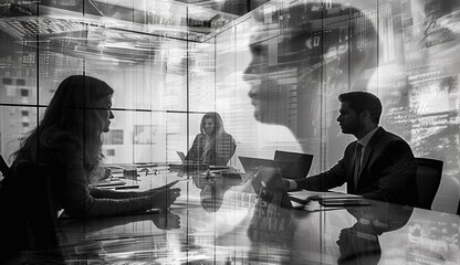 Double exposure art combining a business meeting.Generative AI.