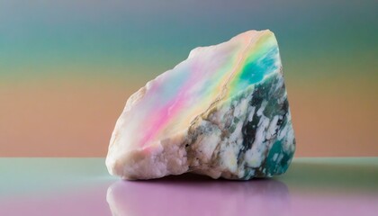 Wallpaper mineral stone isolated on black background, marble rock against pastel background, sitting in iridescent chromatic liquid