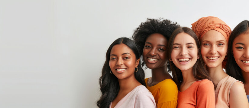 Happy women of different nationalities and appearances stand next to each other, showing unity in diversity against a monochrome background. Concept of International Women's Day.