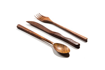 cutlery made of wood in white background