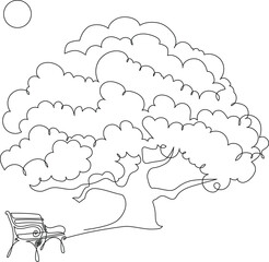 Landscaped park with paths and trees. Wooden bench on a path in a garden or park. A place to relax in nature. Continuous line drawing. Vector illustration.