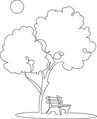 Landscaped park with paths and trees. Wooden bench on a path in a garden or park. A place to relax in nature. Continuous line drawing. Vector illustration. - 733308744