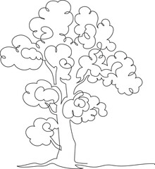 Lonely tree. Landscaped park with path and tree.  A place to relax in nature. Continuous line drawing. Vector illustration.