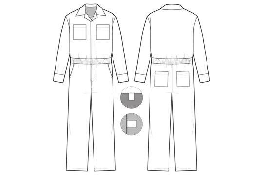 Jumpsuit coveralls long sleeve collared Flat Technical Drawing Illustration  Classic Blank Streetwear Mock-up Template for Design and Tech Packs CAD
