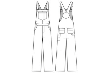denim jean overalls Flat Technical Drawing Illustration Classic Blank Streetwear Mock-up Template for Design and Tech Packs CAD