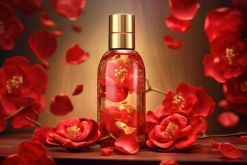 Perfume Bottle Amidst Floating Red Petals