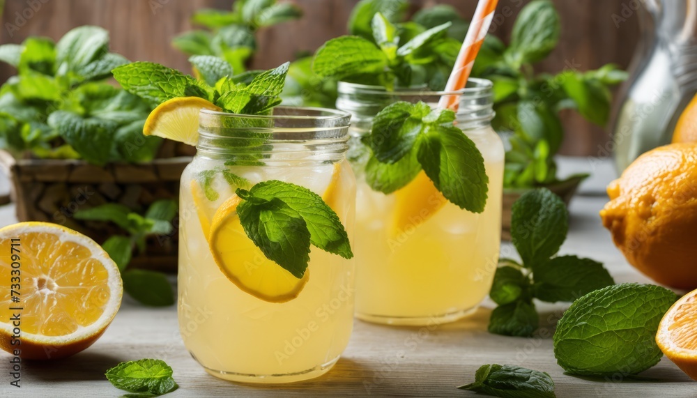 Wall mural Two glasses of lemonade with lemon slices and mint