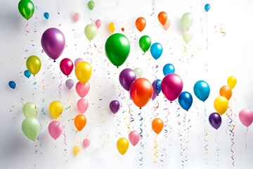 Vibrant helium balloons floating gracefully against a white backdrop, creating a cheerful atmosphere for a birthday party with ample space for text.