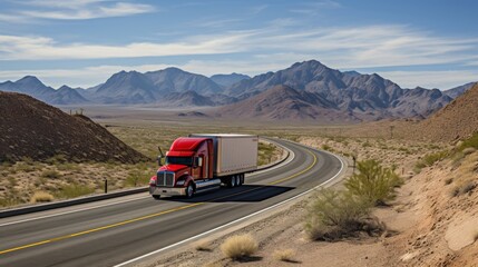 Semi-truck driving through empty southwest usa road, transportation and logistics concept