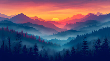 Misty mountains in the morning. Fog. Landing page, background, banner. Sunset in mountain, Urals, Alps, Andes, foggy wallpaper. Colorful, abstract