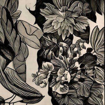 Abstract background with floral ornament. Black and white vector illustration