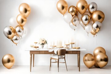 Elegant and sophisticated birthday balloon arrangement with metallic finishes, creating a chic mockup against a pristine white backdrop