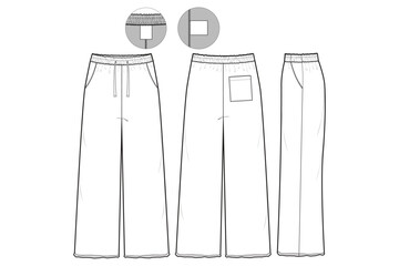wide leg Sweatpants Flat Technical Drawing Illustration Five Pocket Classic Blank Streetwear Mock-up Template for Design Tech Packs CAD Joggers