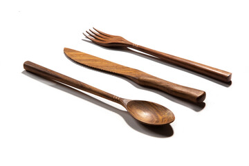 cutlery made of wood in white background